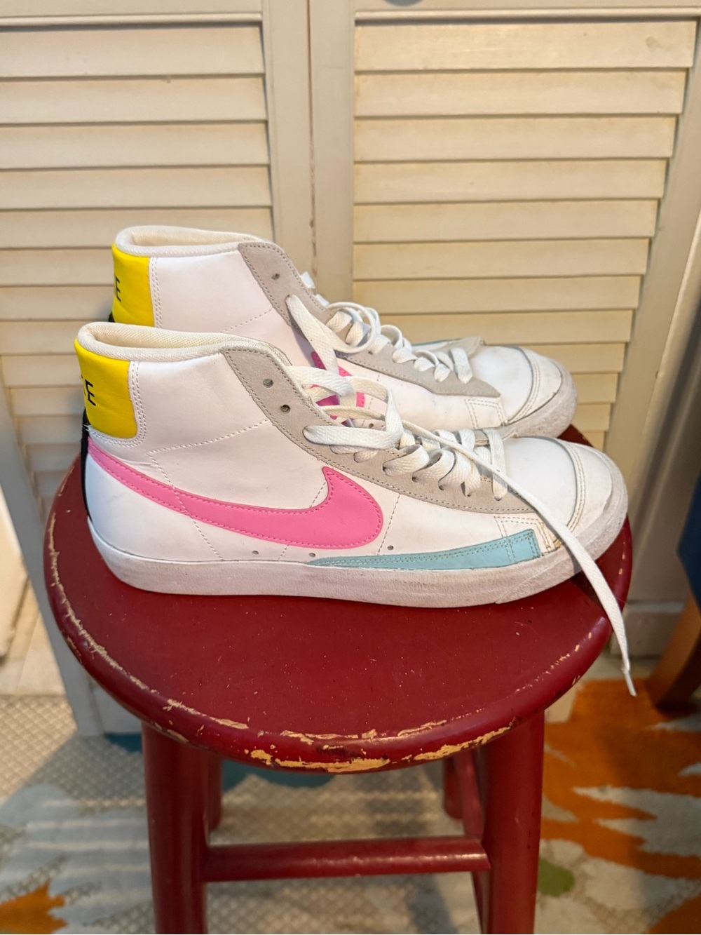 Nike Women’s White High-Top Sneakers with Pink Swoosh & Yellow Heel